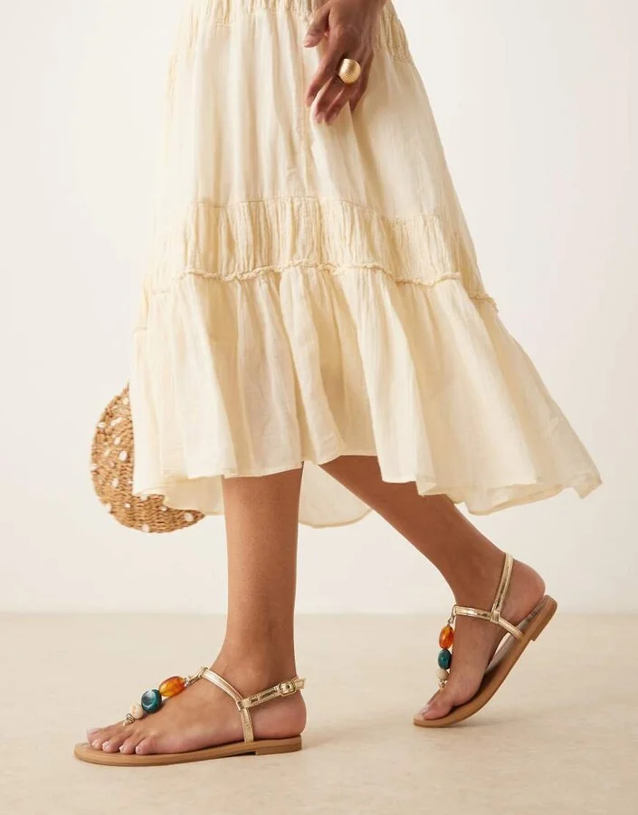 ASOS DESIGN Feud toe post flat sandals with stones in gold - Image 2