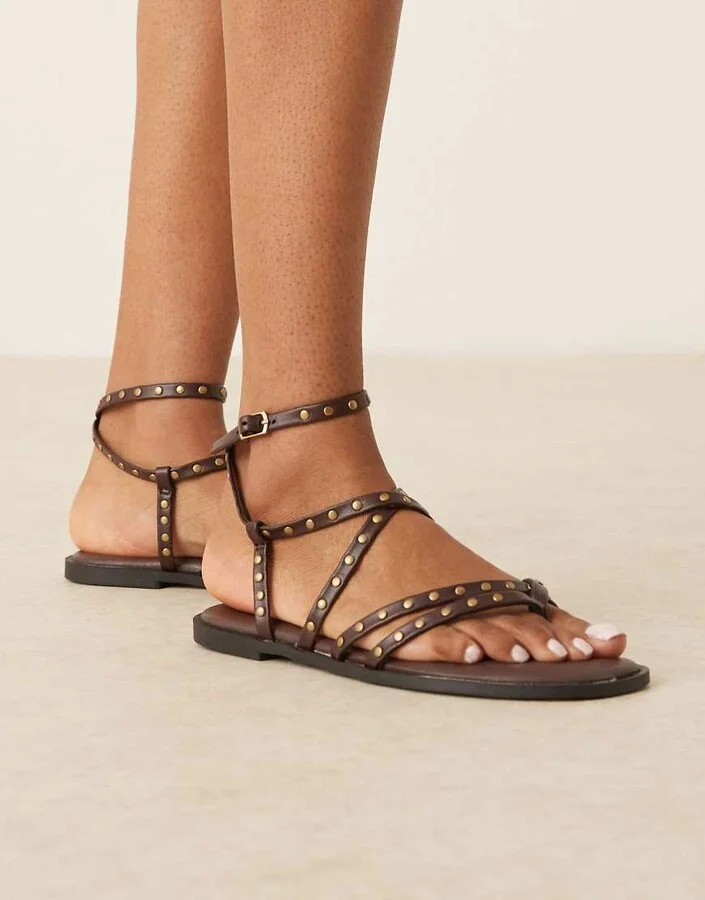 ASOS DESIGN Fierce strappy studded sandal in chocolate