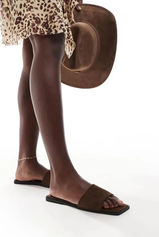 ASOS DESIGN Fig square toe flat mule sandals in chocolate