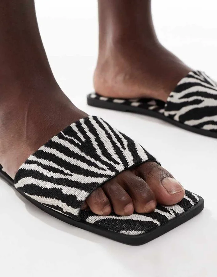 ASOS DESIGN Fig square toe flat mule sandals in zebra - Image 2