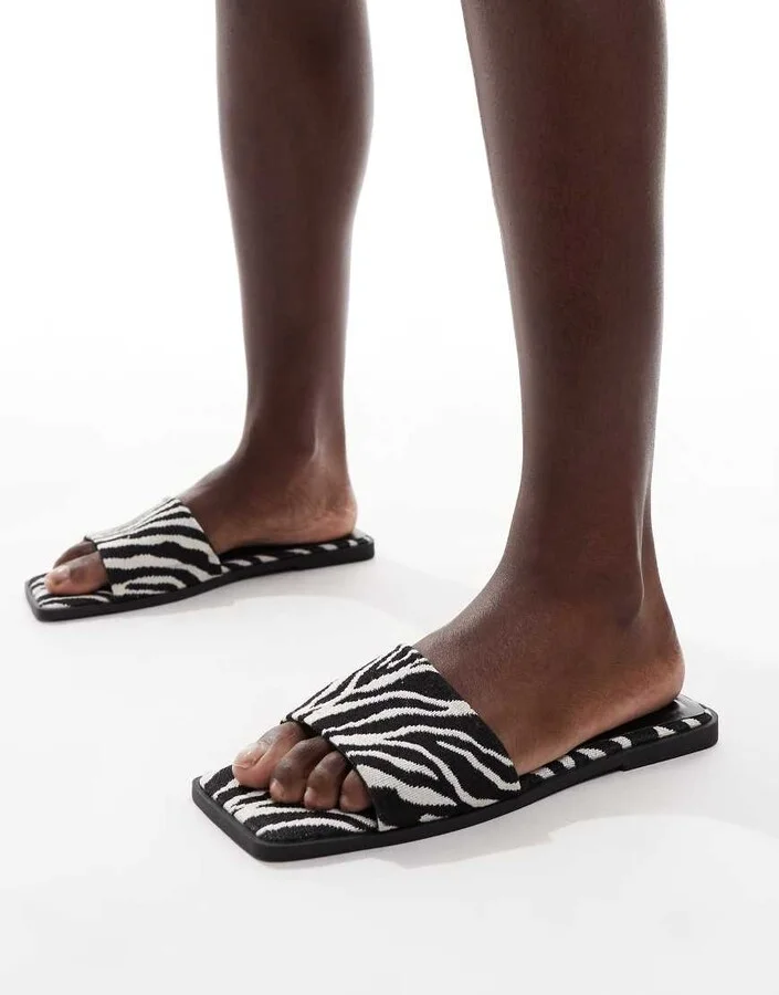 ASOS DESIGN Fig square toe flat mule sandals in zebra - Image 4