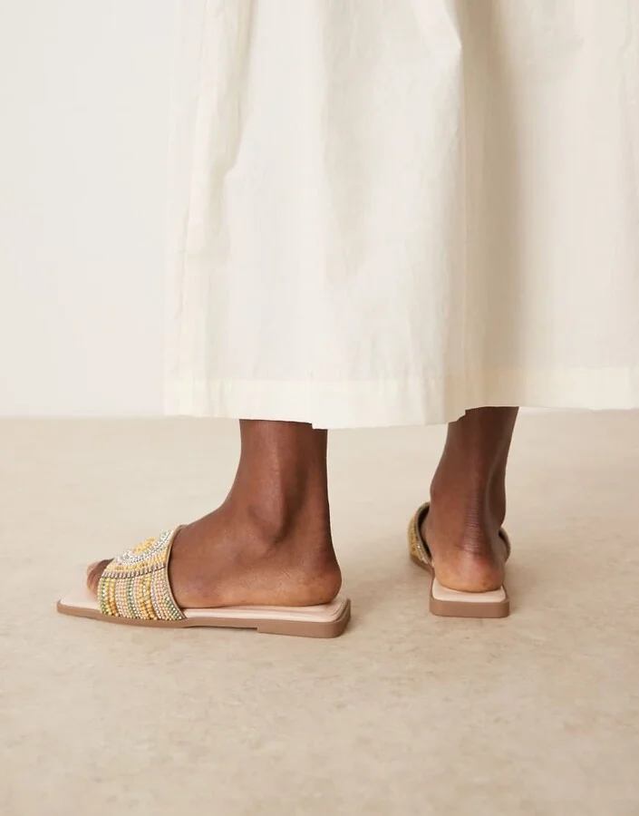 ASOS DESIGN Fig square toe flat mule sandals with beads in multi - Image 3