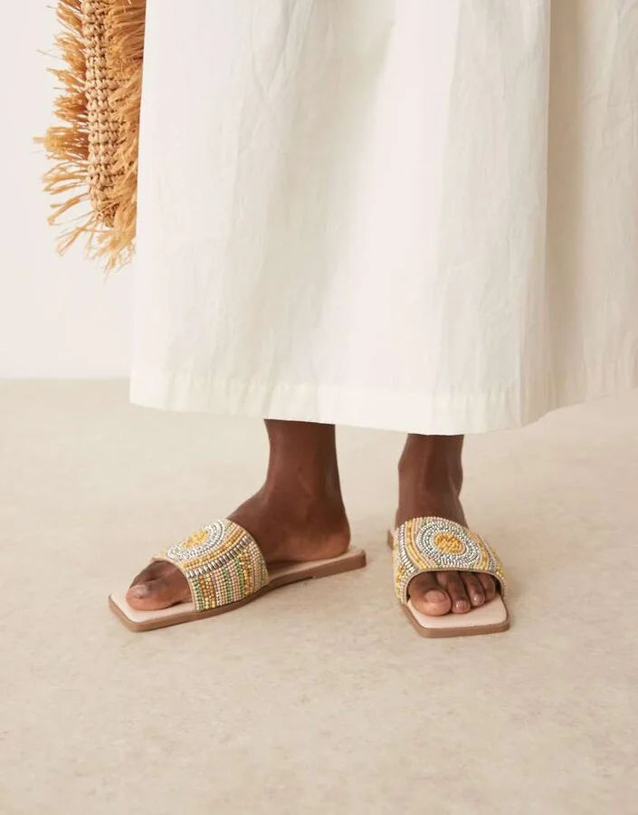 ASOS DESIGN Fig square toe flat mule sandals with beads in multi - Image 4