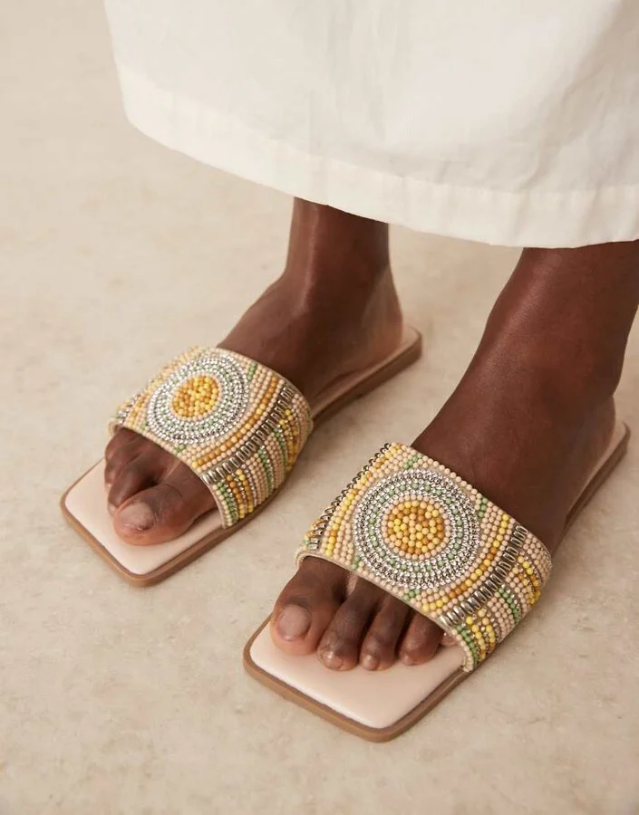 ASOS DESIGN Fig square toe flat mule sandals with beads in multi