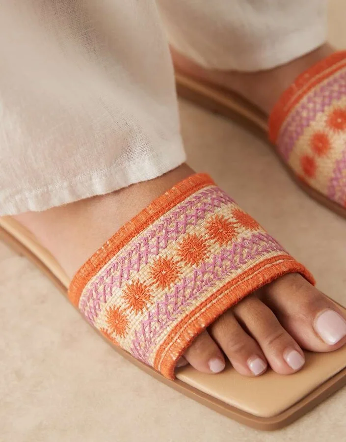 ASOS DESIGN Fig square toe flat mule sandals with embroidery in natural - Image 2