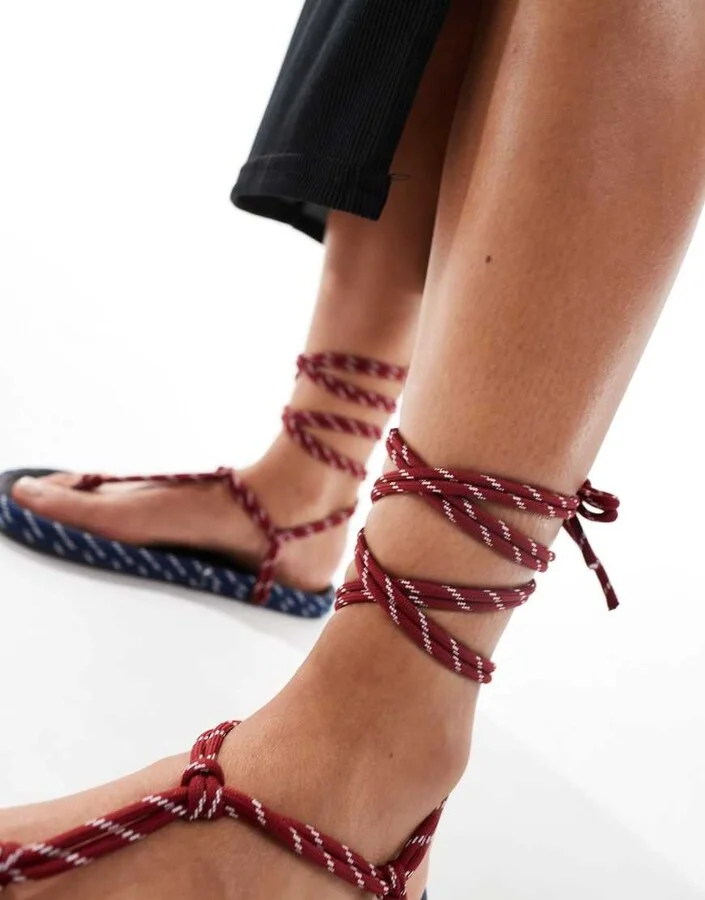ASOS DESIGN Fillipa rope-tie flat sandals in red and navy - Image 2