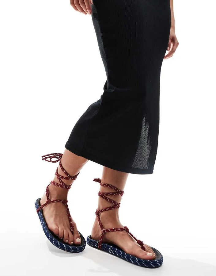 ASOS DESIGN Fillipa rope-tie flat sandals in red and navy - Image 3