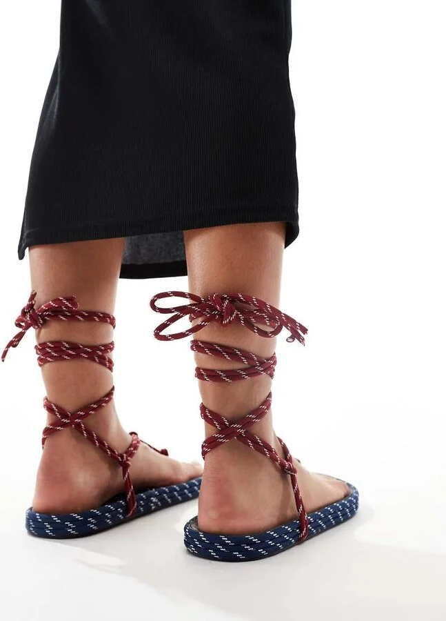ASOS DESIGN Fillipa rope-tie flat sandals in red and navy - Image 4
