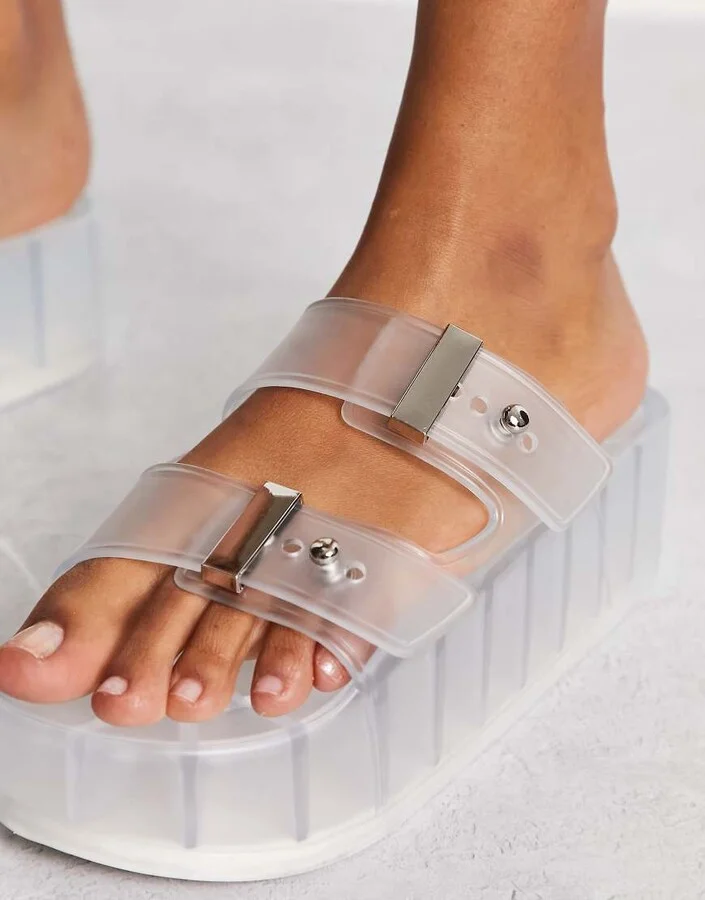 ASOS DESIGN Finale buckle platform flat sandals in clear - Image 2