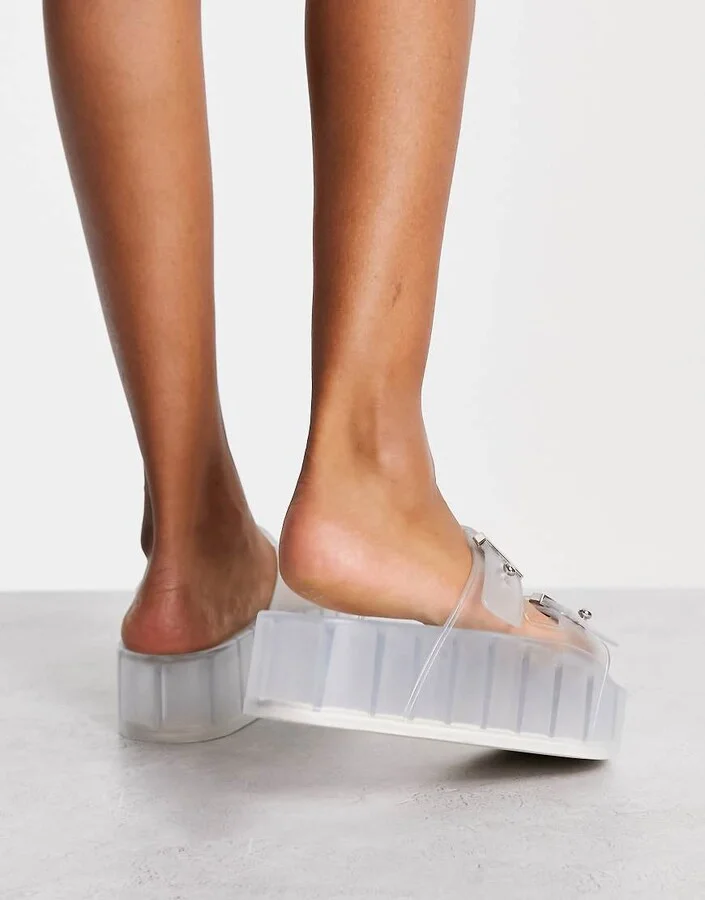 ASOS DESIGN Finale buckle platform flat sandals in clear - Image 3