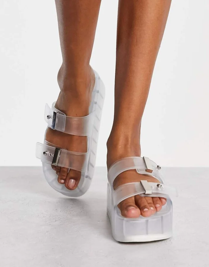 ASOS DESIGN Finale buckle platform flat sandals in clear - Image 4