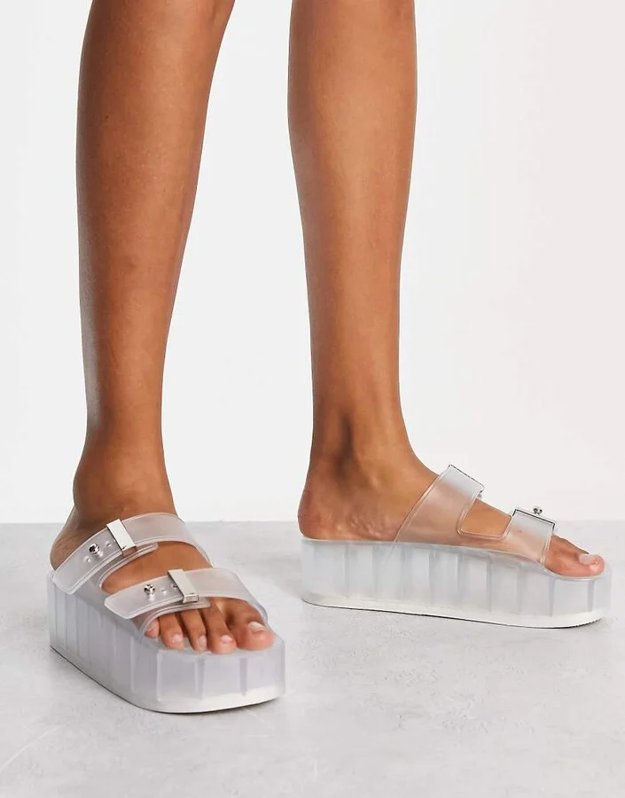 ASOS DESIGN Finale buckle platform flat sandals in clear