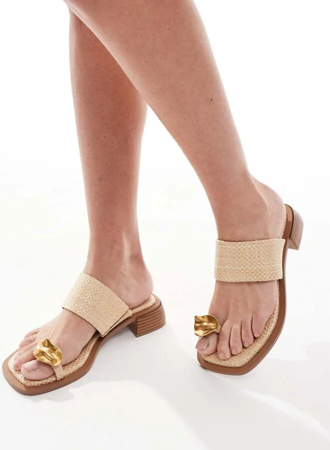 ASOS DESIGN Finesse heeled mule sandal with bashed metal toe loop in natural