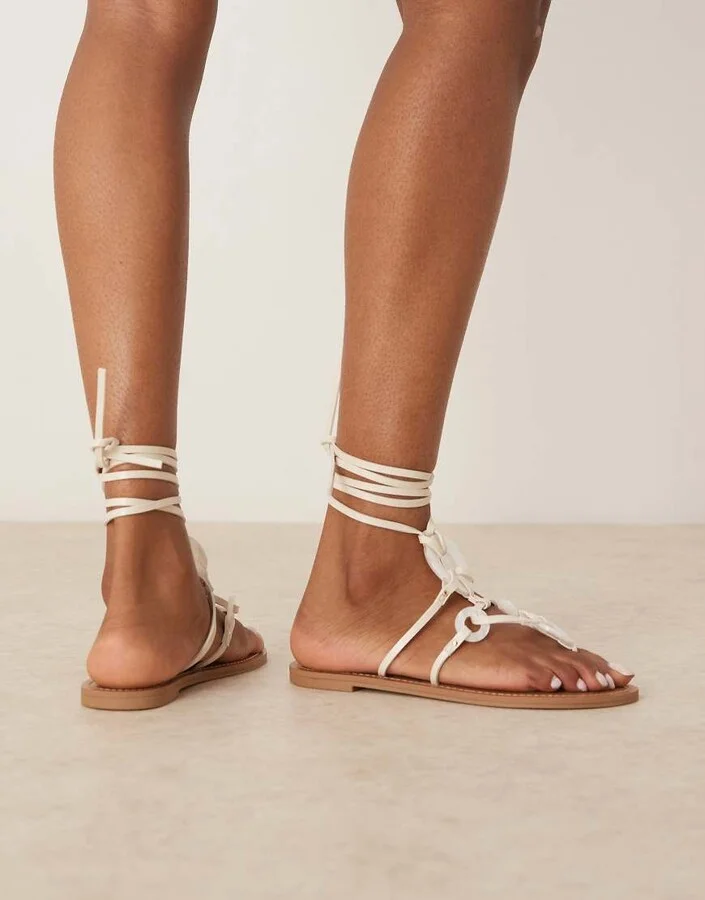 ASOS DESIGN Fiona trim tie leg flat sandals in white - Image 4