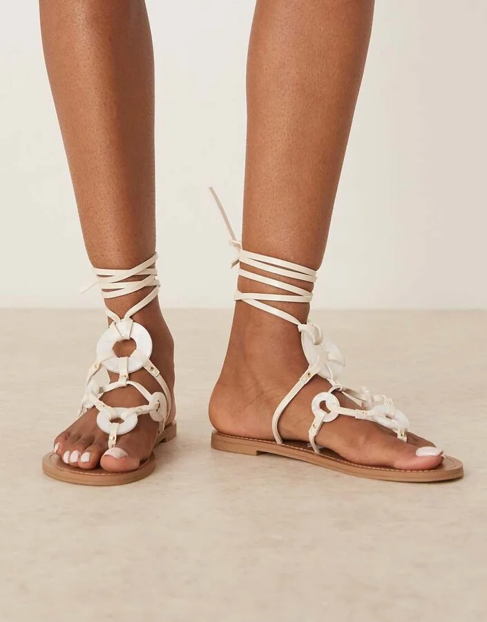 ASOS DESIGN Fiona trim tie leg flat sandals in white