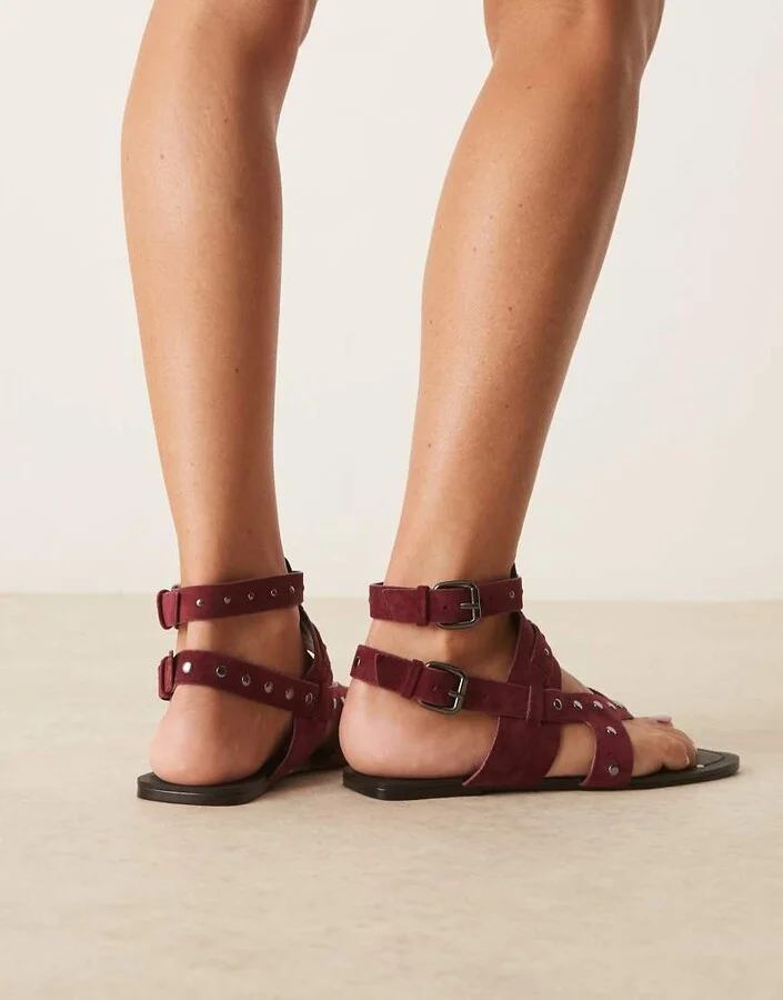 ASOS DESIGN Fiorella gladiator flat sandals in burgundy - Image 4