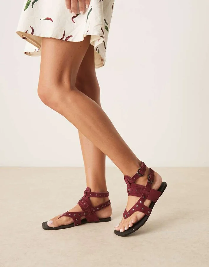 ASOS DESIGN Fiorella gladiator flat sandals in burgundy