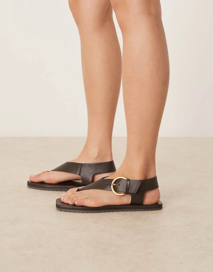 ASOS DESIGN Firth toe thong flat sandals in chocolate leather