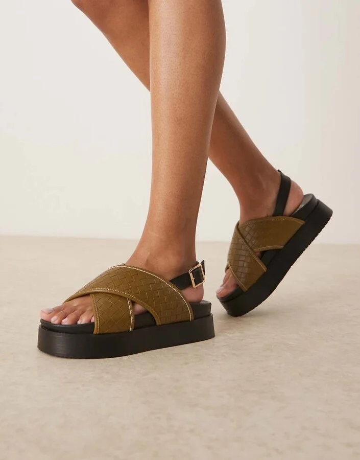 ASOS DESIGN Flame woven cross strap footbed sandals in olive green