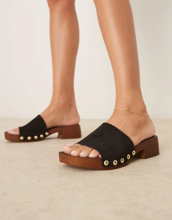 ASOS DESIGN Flare premium suede mule sandal clogs in black