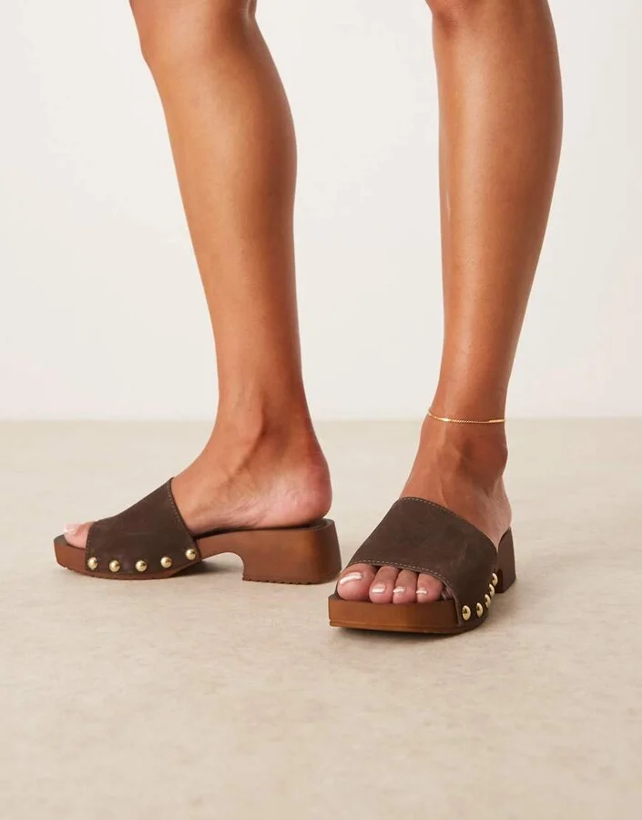 ASOS DESIGN Flare premium suede mule sandal clogs in chocolate