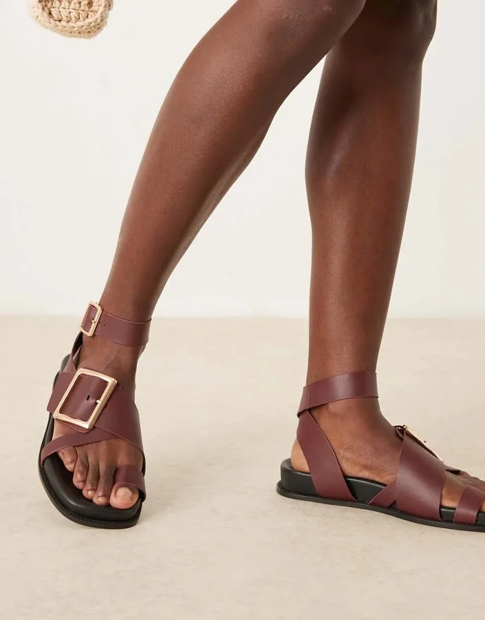 ASOS DESIGN Flawless leather toe loop footbed sandals in burgundy
