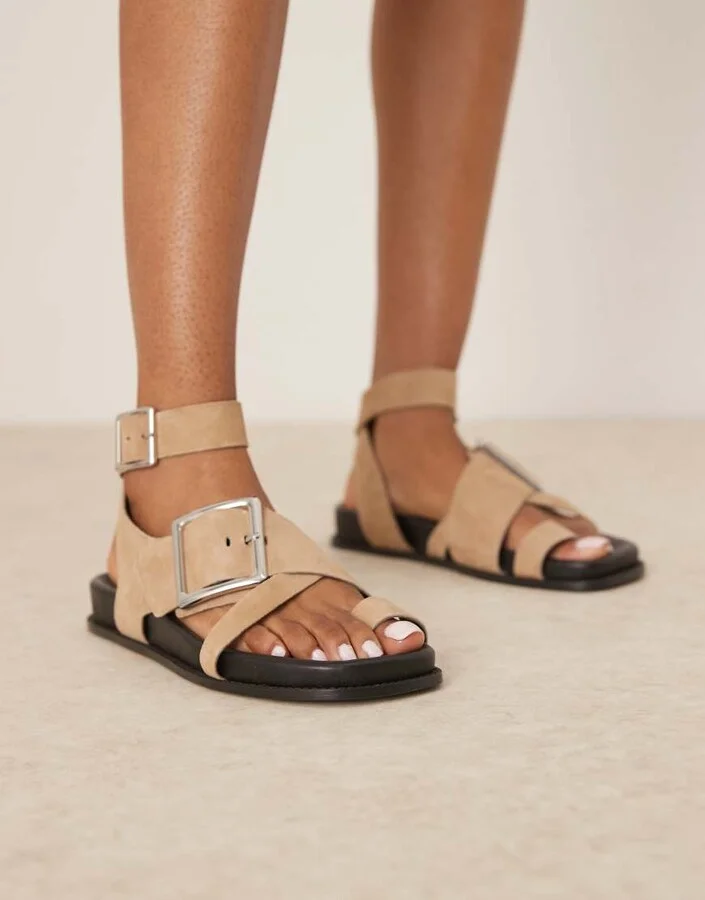 ASOS DESIGN Flawless suede toe loop footbed sandals in mushroom