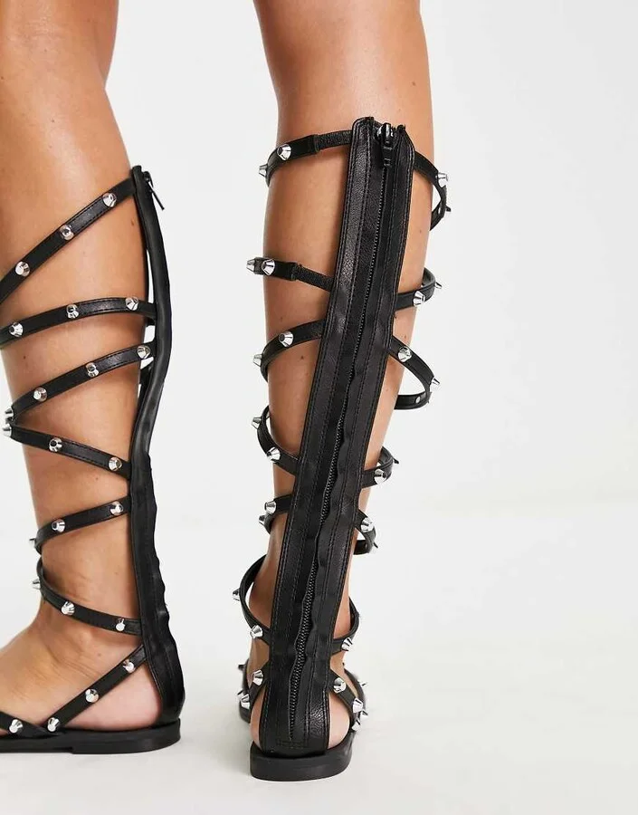 ASOS DESIGN Florida studded high leg gladiator flat sandals in black - Image 2