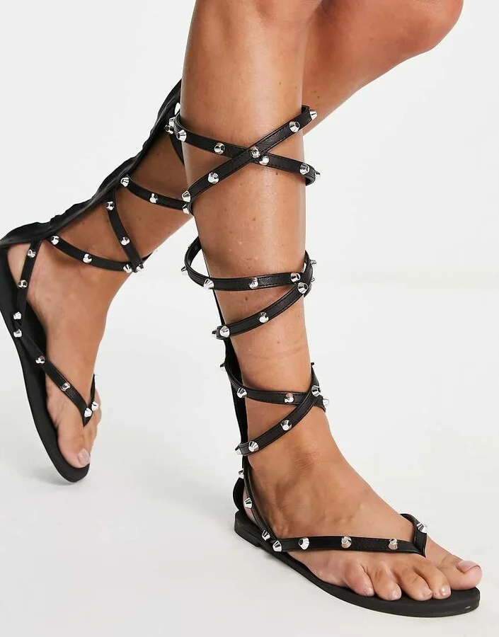 ASOS DESIGN Florida studded high leg gladiator flat sandals in black