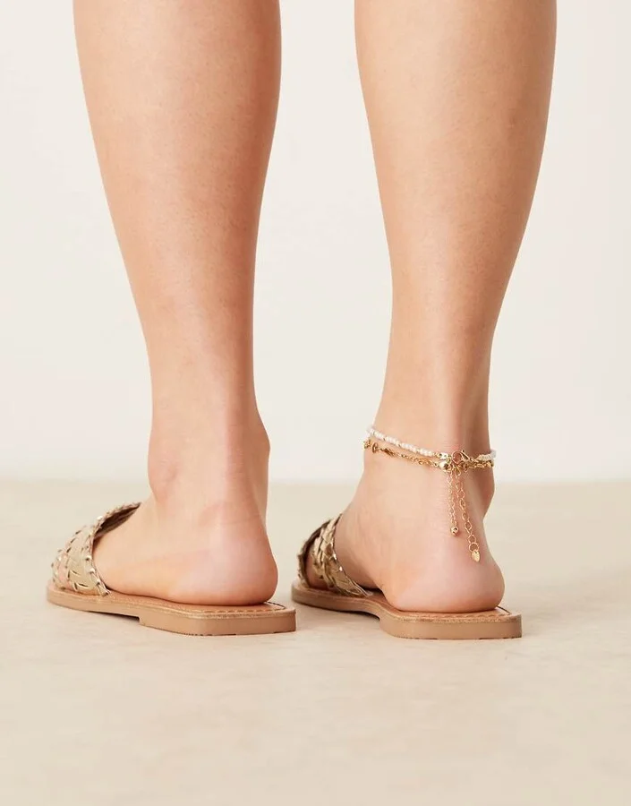 ASOS DESIGN Flossie woven flat sandals in gold - Image 4