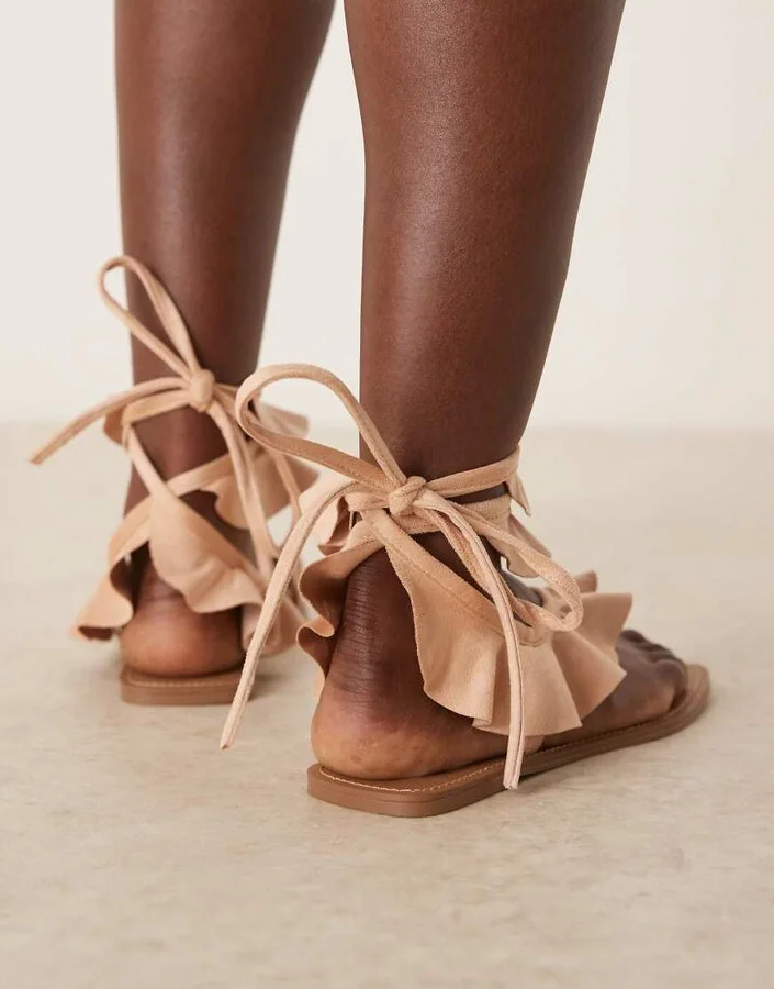 ASOS DESIGN Flourish frill flat sandals in blush - Image 3
