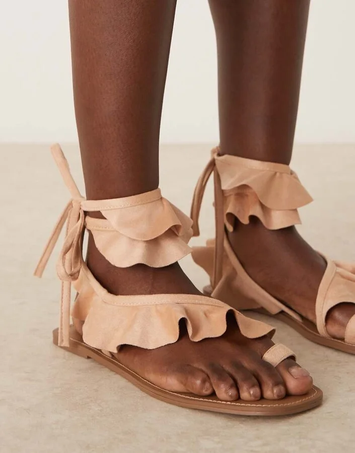 ASOS DESIGN Flourish frill flat sandals in blush - Image 4