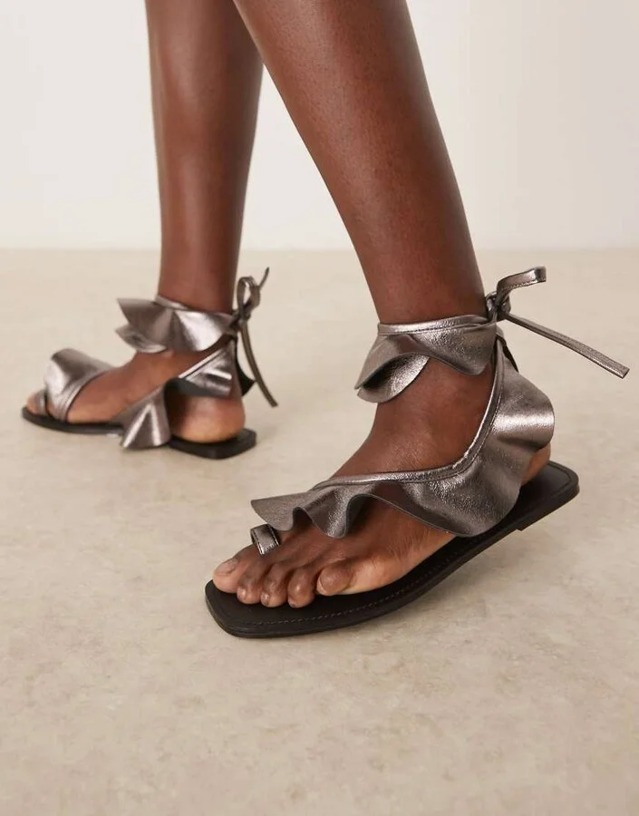 ASOS DESIGN Flourish frill flat sandals in pewter - Image 4