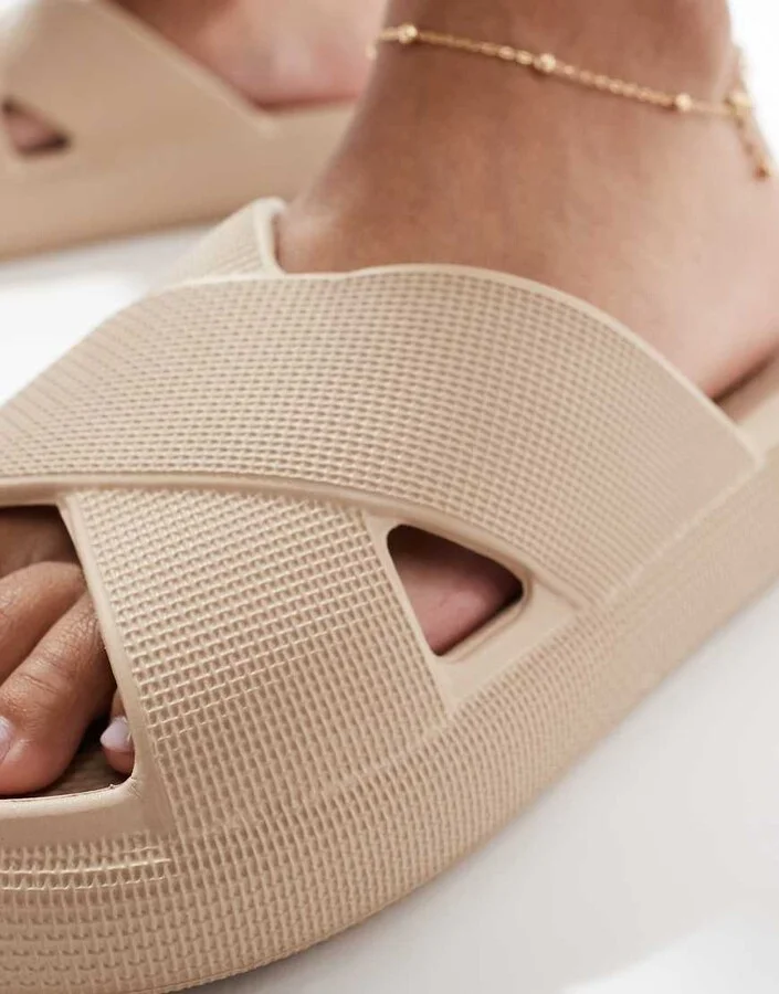 ASOS DESIGN Forever cross-strap chunky sliders in beige - Image 2