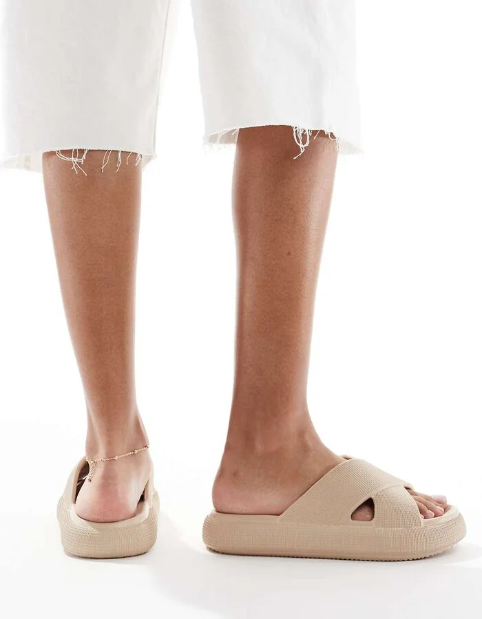 ASOS DESIGN Forever cross-strap chunky sliders in beige - Image 3