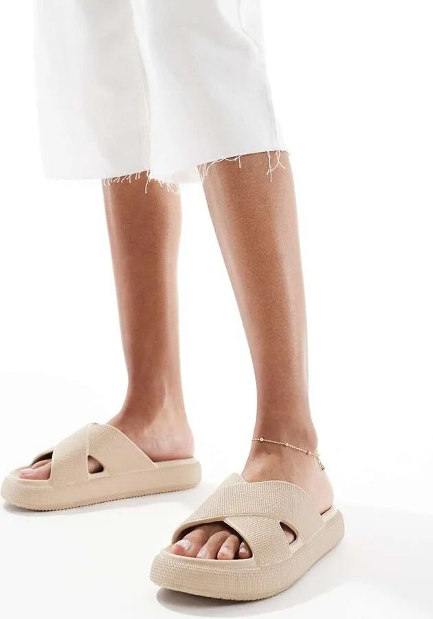 ASOS DESIGN Forever cross-strap chunky sliders in beige - Image 4