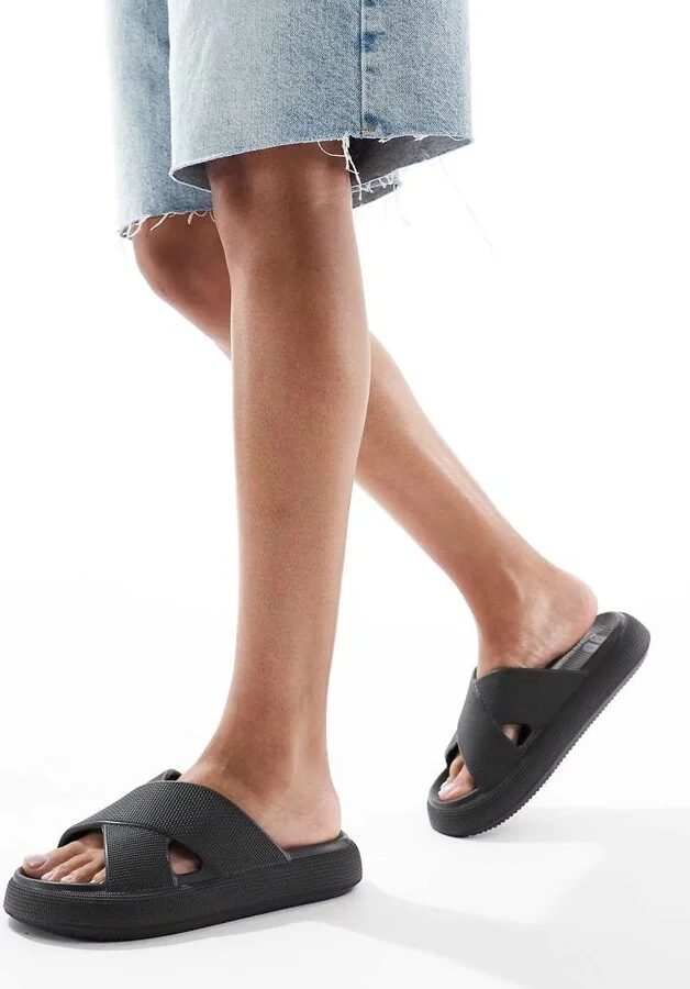 ASOS DESIGN Forever cross-strap chunky sliders in black - Image 4