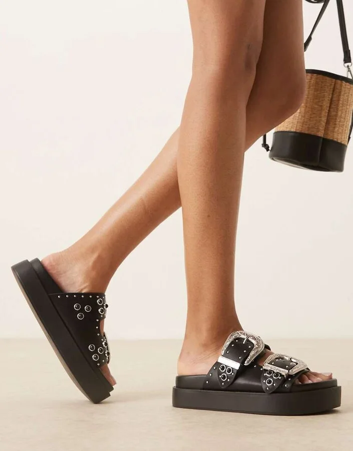 ASOS DESIGN Forward western buckle chunky footbed sandals in black