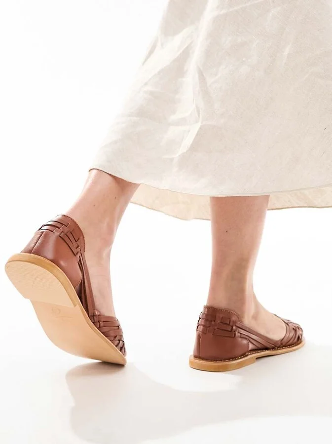 ASOS DESIGN Francis leather woven flat sandals in tan - Image 2