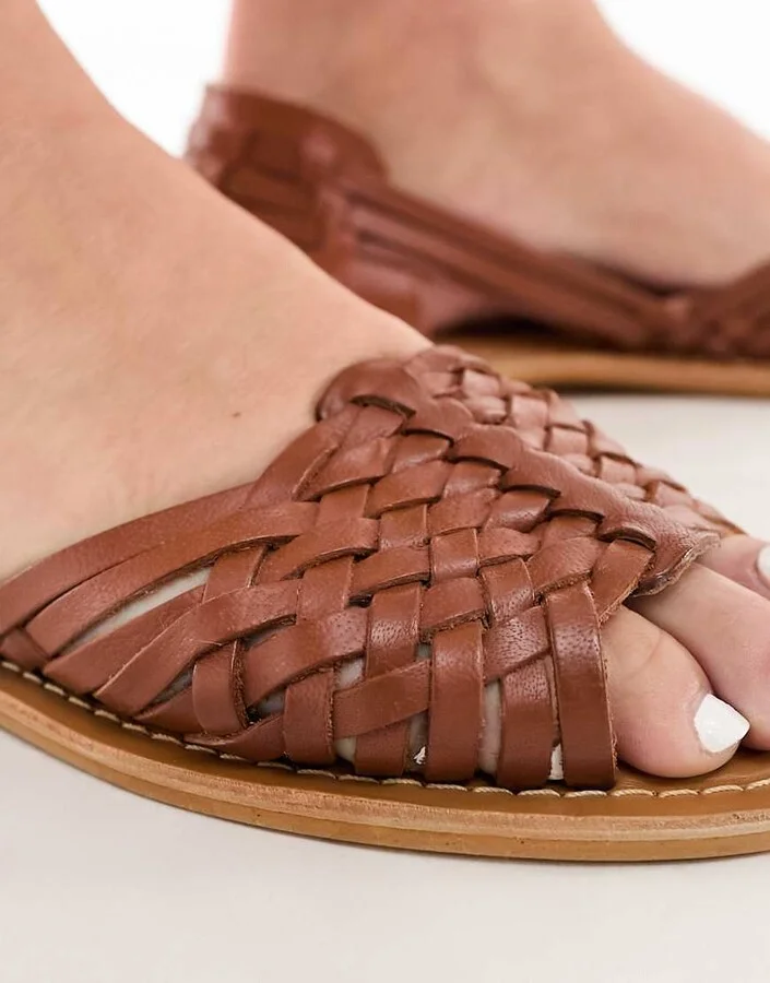 ASOS DESIGN Francis leather woven flat sandals in tan - Image 3