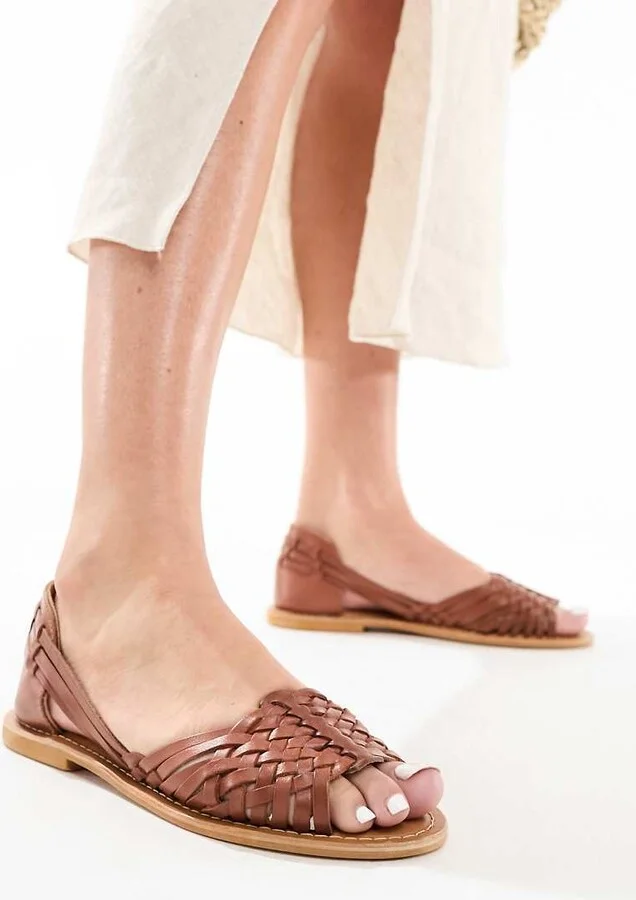 ASOS DESIGN Francis leather woven flat sandals in tan - Image 4