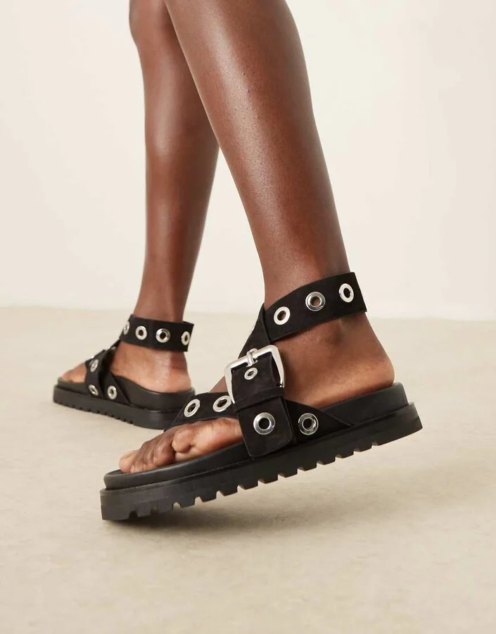 ASOS DESIGN Francoise eyelet flatform sandals in black suede - Image 2