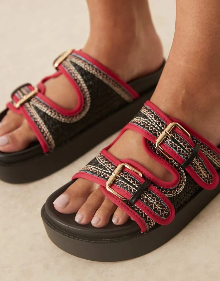 ASOS DESIGN Frankie chunky footbed buckle sandals with embroidery in black/pink - Image 4