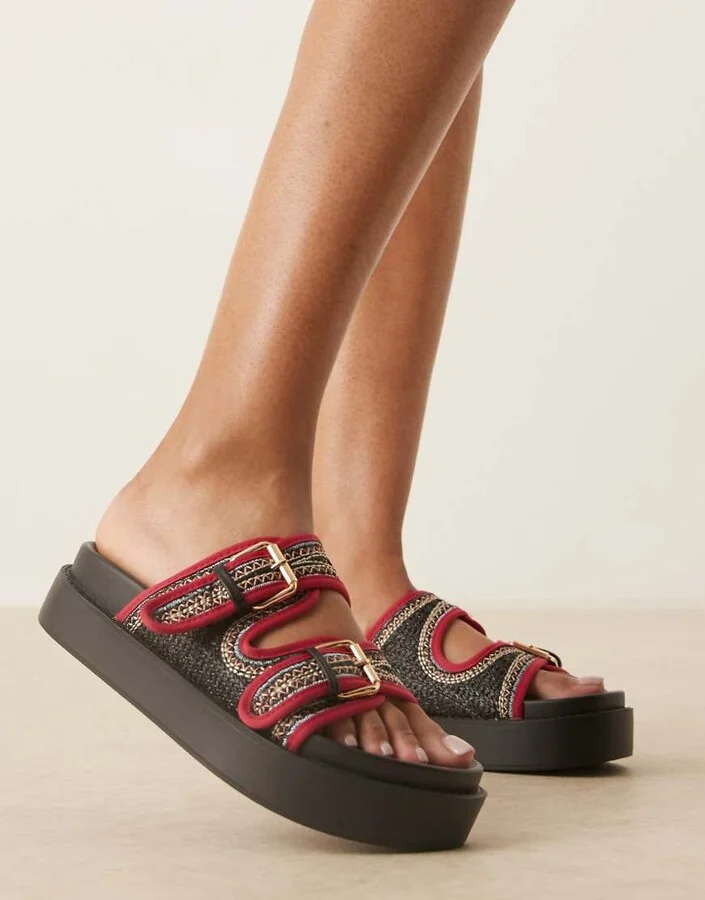 ASOS DESIGN Frankie chunky footbed buckle sandals with embroidery in black/pink