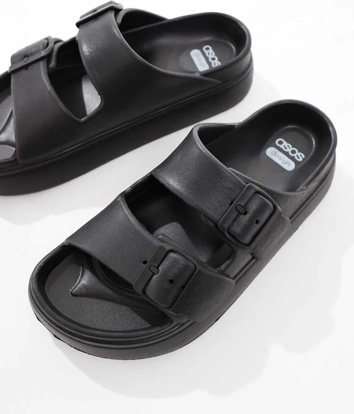 ASOS DESIGN Freestyle flatform double buckle footbed sliders in black - Image 2