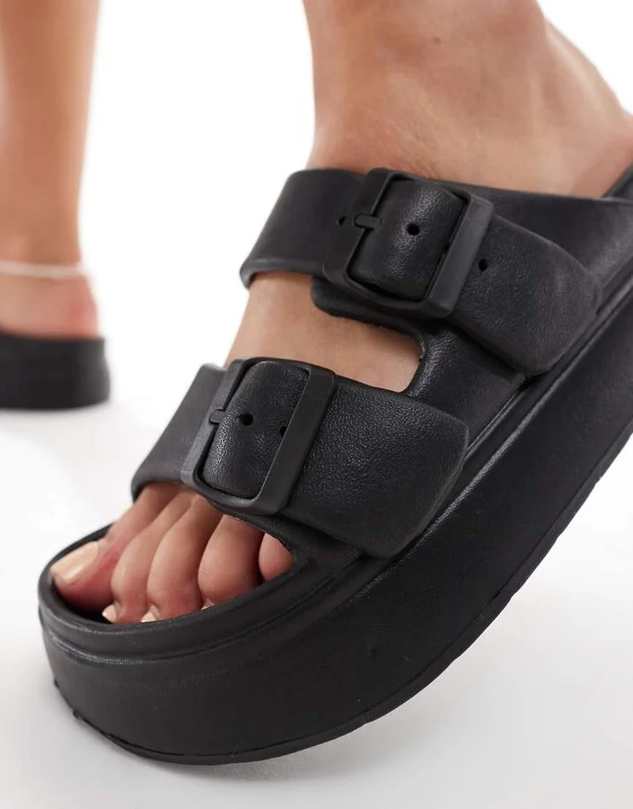 ASOS DESIGN Freestyle flatform double buckle footbed sliders in black - Image 3