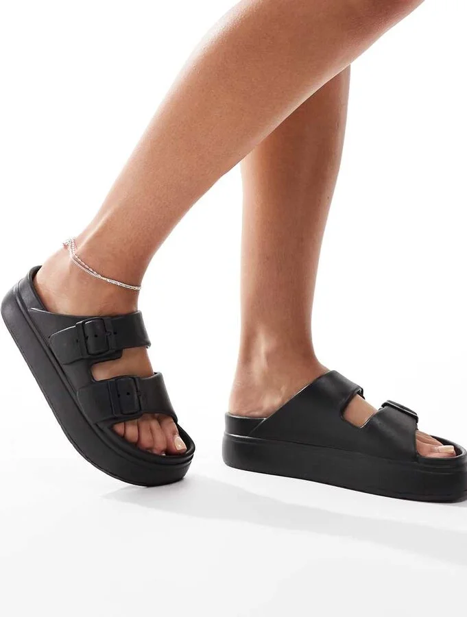 ASOS DESIGN Freestyle flatform double buckle footbed sliders in black