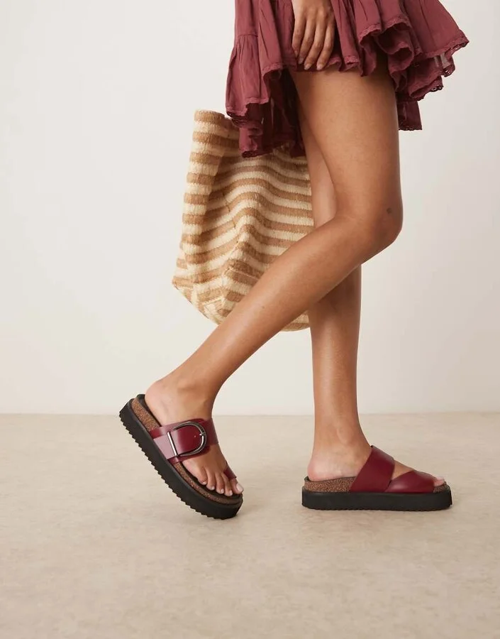 ASOS DESIGN Fresh chunky footbed mules in burgundy