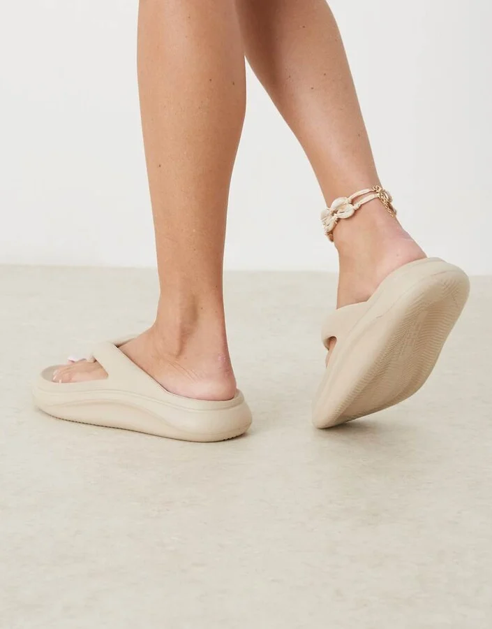 ASOS DESIGN Fudge chunky flip-flop slides in beige - Image 4