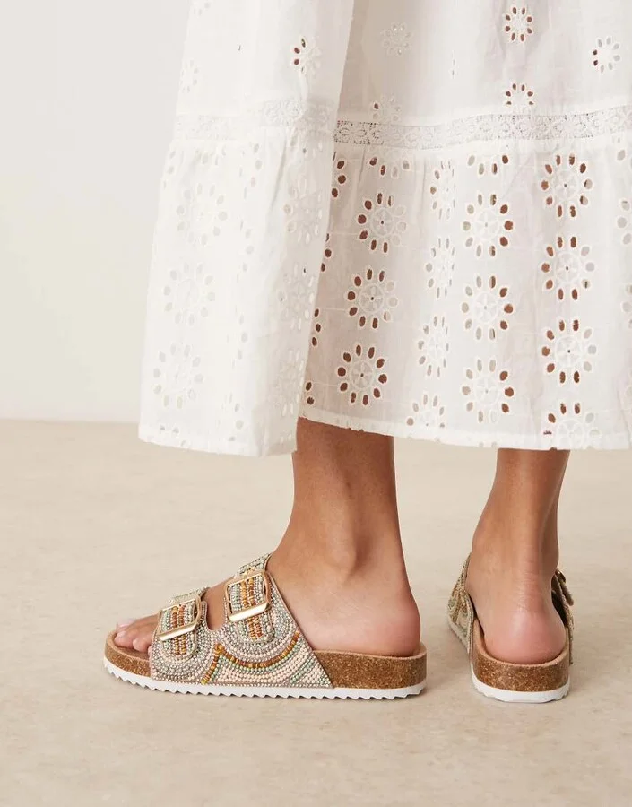 ASOS DESIGN Funky beaded double strap flat mules in gold - Image 3